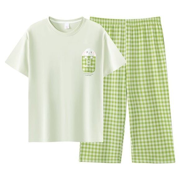 New Cotton Women Capri Pajama Set 2 Pcs Short Sleeve Top Capris pants Sleepwear - Picture 1 of 10